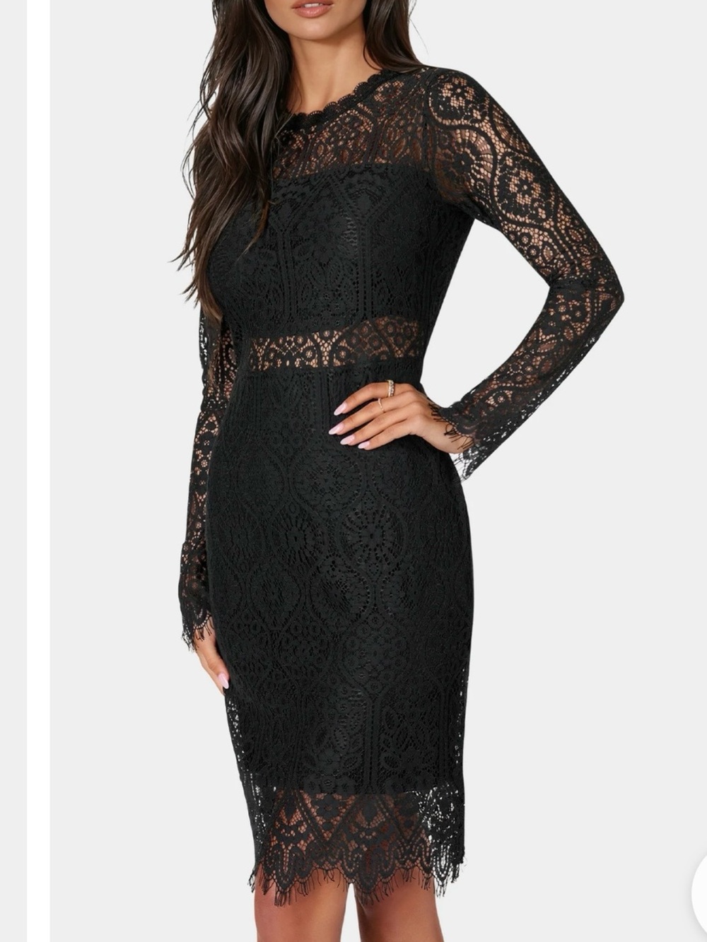bebe Black Scallop-Edge Lace Long-Sleeve Pencil Dress - Picture 2 of 7